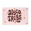 Introducing the Disco Tribe Flag: a light pink flag featuring the words DISCO TRIBE in bold, wavy brown letters, surrounded by vibrant orange star-shaped sparkles. Designed with two metal grommets on the right edge, this flag is perfect for your next festival totem or camp display.