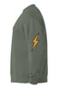Olive green Electric Tiger Crewneck sweatshirt in an oversized fit, shown from the side with a striking yellow lightning bolt graphic outlined in black on the sleeve—perfect festival clothing.