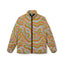 The Cosmic Drift Puffer is a vibrant puffer jacket featuring psychedelic, wavy abstract lines in orange, green, pink, and white, accented with small white dots and displayed against a white background.