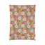 a vibrant floral pattern with various colored flowers, including pink, orange, and white, arranged in a repeating design.