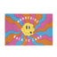 Introducing the Wandering Back to Camp Festie Flag Doublesided—a vibrant festival flag with wavy orange, pink, and blue rays, featuring a yellow melting smiley face in the center and the words “WANDERING BACK TO CAMP” in white letters encircling the design. This psychedelic flag is perfect for adding flair to your next camping adventure!.