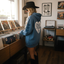 A woman wearing a blue hoodie with a heart design and a black hat is browsing through records in a record store.
