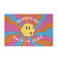 The Wandering Back to Camp Festie Flag Doublesided is a psychedelic camp flag displaying wavy orange, purple, and blue stripes, a yellow melting smiley face at the center, and “WANDERING BACK TO CAMP” in white text arranged in a circular pattern—making it the perfect trippy festival accessory.