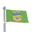 A bright green Festival Flag featuring colorful “EPIC PLAYLIST SOCIETY” text above a yellow and pink abstract design, perfect as a Boho Camp Flag or vibrant Music Festival Totem for campsite decor.