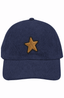 The StarGaze Corduroy Cap is a vintage navy blue hat featuring a yellow embroidered star patch at the front center, complete with an adjustable strap for a comfortable, custom fit.