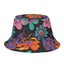 The Electric Petals Bucket Hat is a black Y2K-style hat adorned with a vibrant, colorful floral pattern featuring large orange, purple, blue, and pink flowers—perfect for adding bold boho festival vibes to any outfit.
