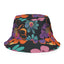 The Electric Petals Bucket Hat showcases a lively mix of orange, purple, turquoise, and pink flowers set against a sleek black background—making it the ultimate Y2K accessory to brighten up any boho festival look.