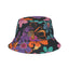Channeling undeniable Y2K vibes, the Electric Petals Bucket Hat features a vibrant, multicolored floral pattern with large orange, purple, blue, and pink flowers set against a dark background. Perfect as a boho festival accessory, it's both playful and stylish for any occasion.