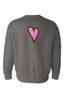 The Bad Bitches Love Bass Crewneck is a gray vintage sweatshirt featuring a large pink heart outlined in brown centered on the back—perfect for festival outfits or adding a playful touch to your everyday style.