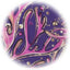 The image is a close-up of a colorful abstract pattern with various shapes and lines in shades of purple, pink, and gold.